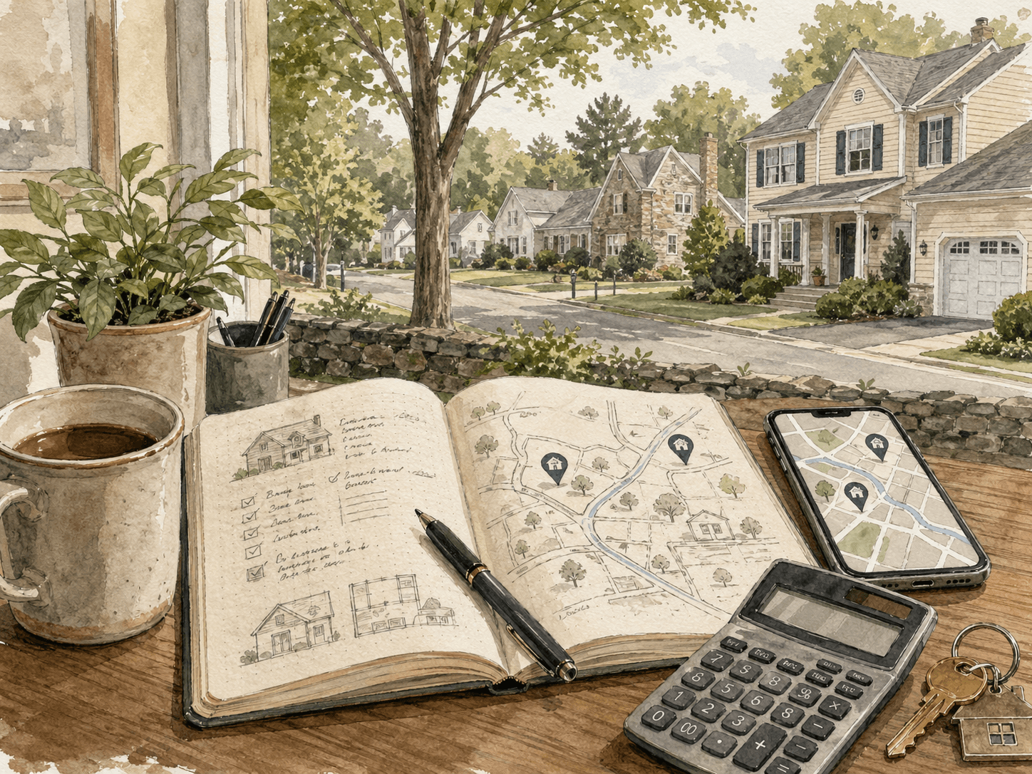 Bucks County first-time home buyer planning a home search with notes, calculator, phone, and keys