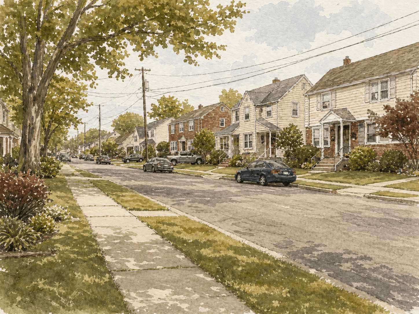 Lower Bucks starter home neighborhood with modest homes and parked cars