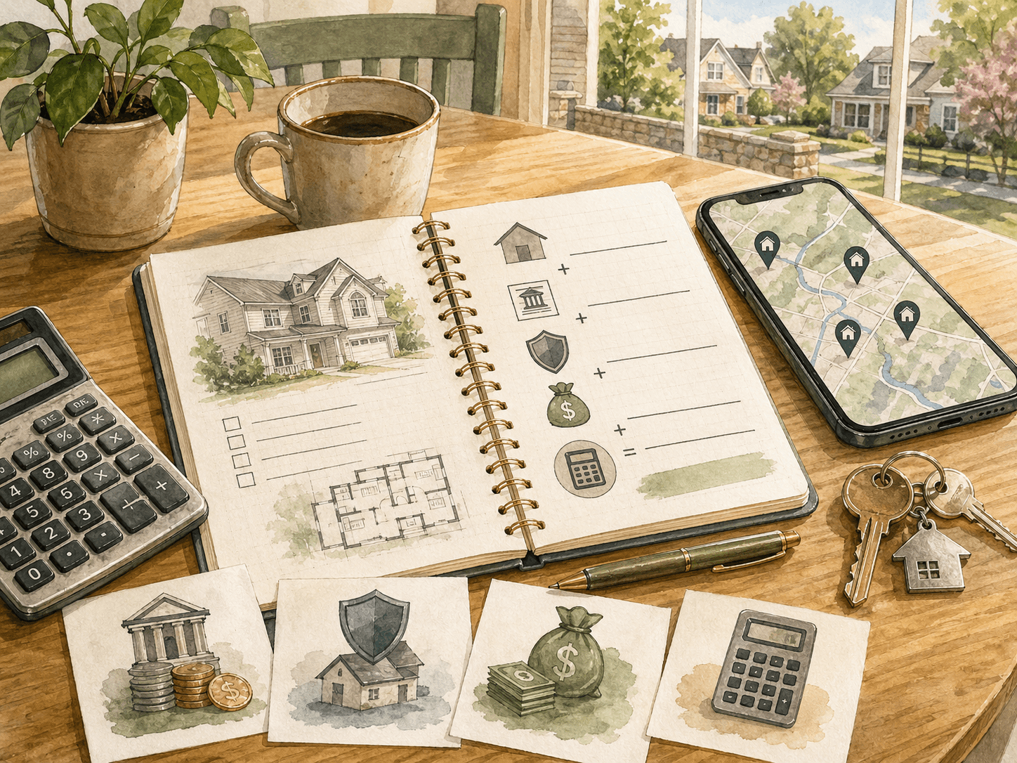 First-time buyer payment planning with calculator, notes, map, and homebuying cost icons
