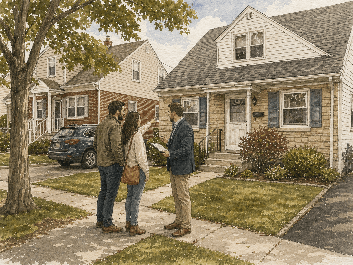 First-time buyers touring a modest Lower Bucks starter home with a real estate agent