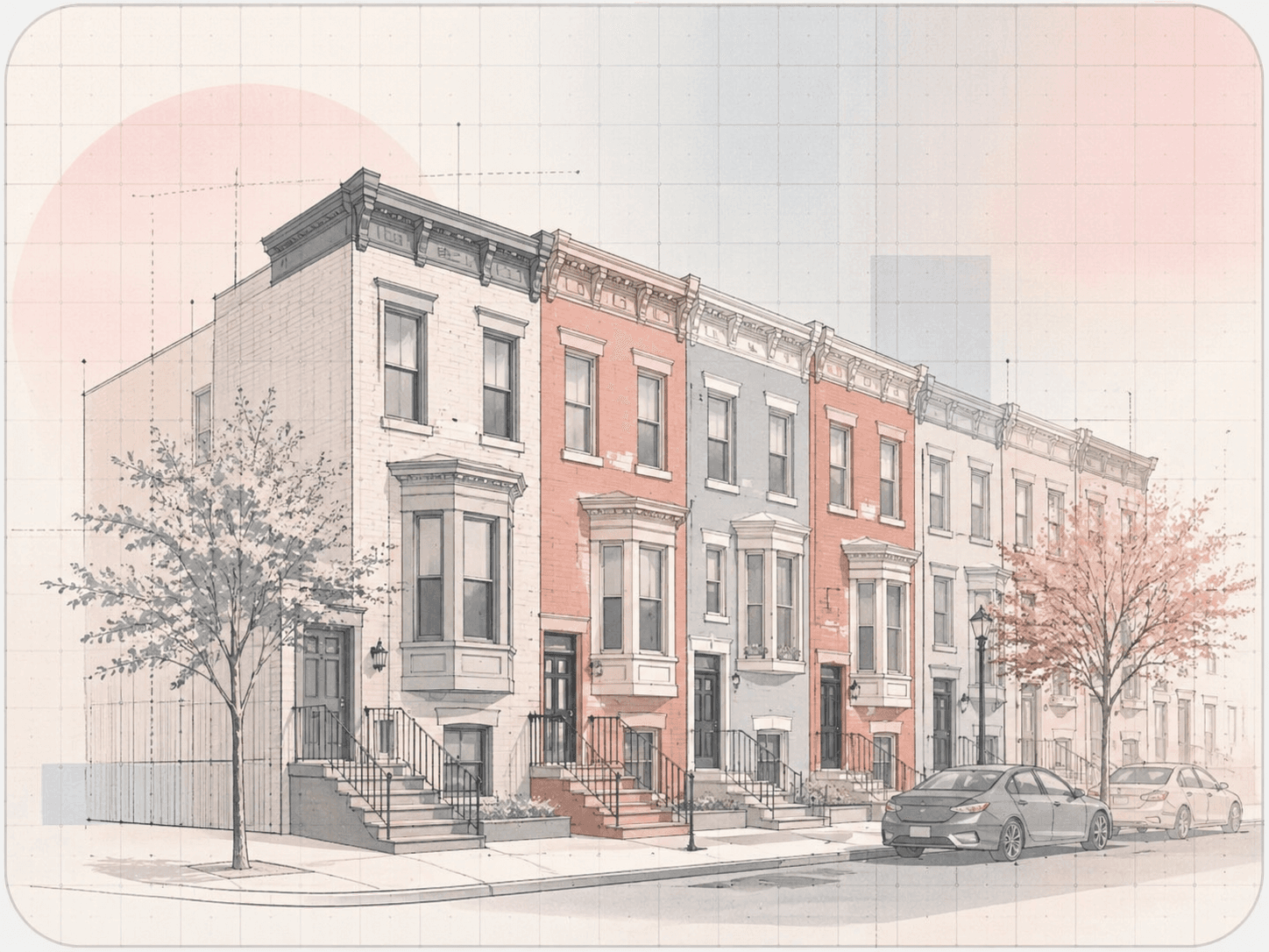 Philadelphia rowhome street with classic brick homes