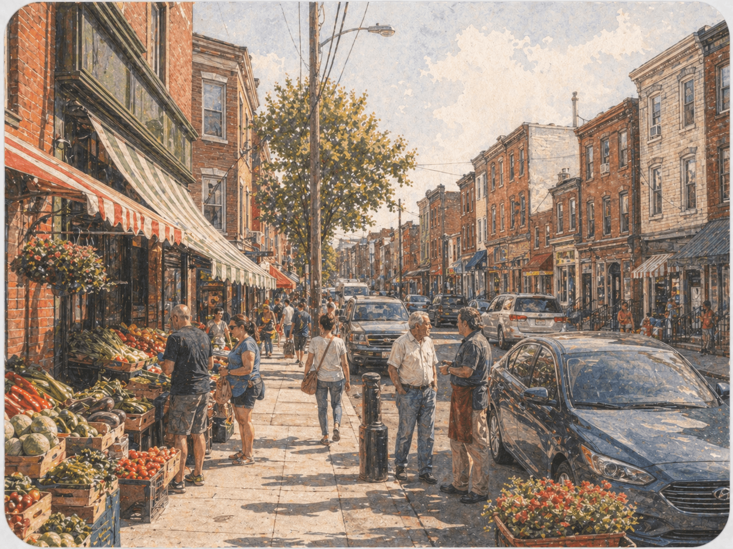 South Philly Italian Market area with rowhomes, sidewalk produce stands, parked cars, and neighborhood foot traffic